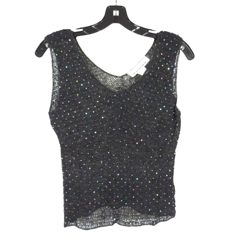VTG SOPHIE CHANG Black OPEN WEAVE Sleeveless TANK SWEATER Iridescent Beaded M